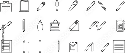 Office stationery set with metal clip, paper, pen, pencil, and paperclip icons for business and school design