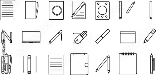 Vector set of black silhouette office tools and stationery icons includes pencil, pen, key, and hammer