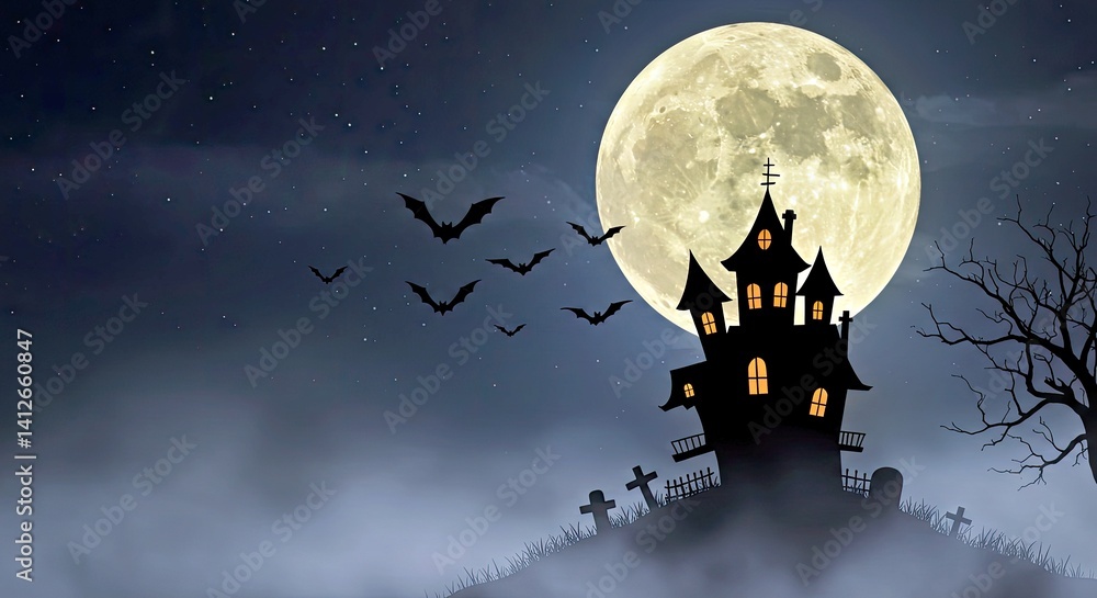 Fototapeta premium Atmospheric Halloween Illustration With Full Moon Silhouetted Creepy House And A Swarm Of Night Bats