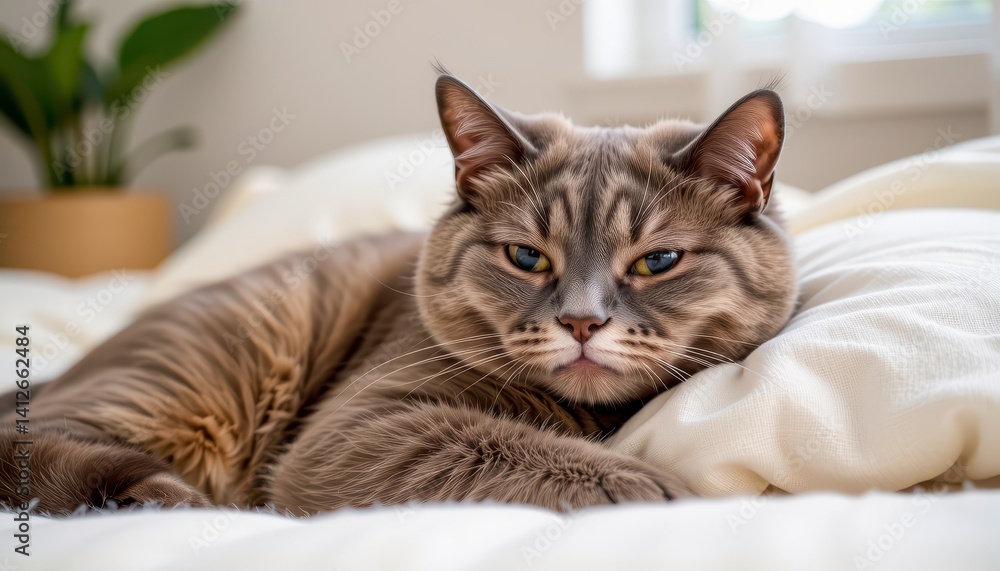 Fototapeta premium Cozy cat resting on a soft pillow in a bright and inviting indoor environment