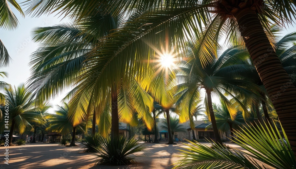 Fototapeta premium Sunlight dappling through palm branches, strewn palms on ground, holiday, branches