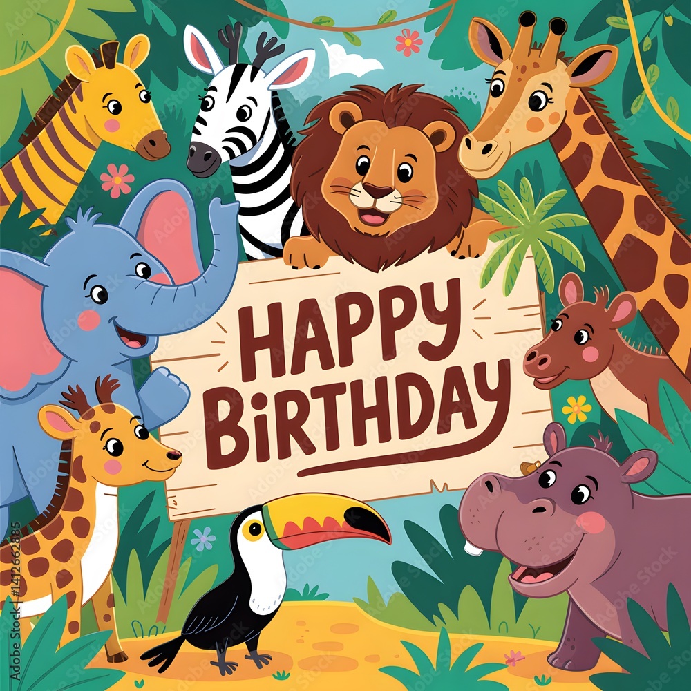 Naklejka premium Animals Backdrop Cartoon Jungle Forest Lake Waterfall Wild Animals Photography Background for Birthday Party.Kids Boy Girl Baby Shower Photoshoot Kids Game Props, African Wild Animals Sunset.