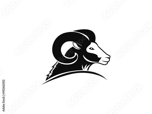 Silhouetted Ram Head, A clean, bold silhouette of a ram's head, perfect for use in logos, graphic design, or as a stock image.