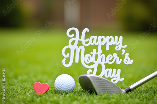 golf ball and tee on the grass with a happy mothers day sign