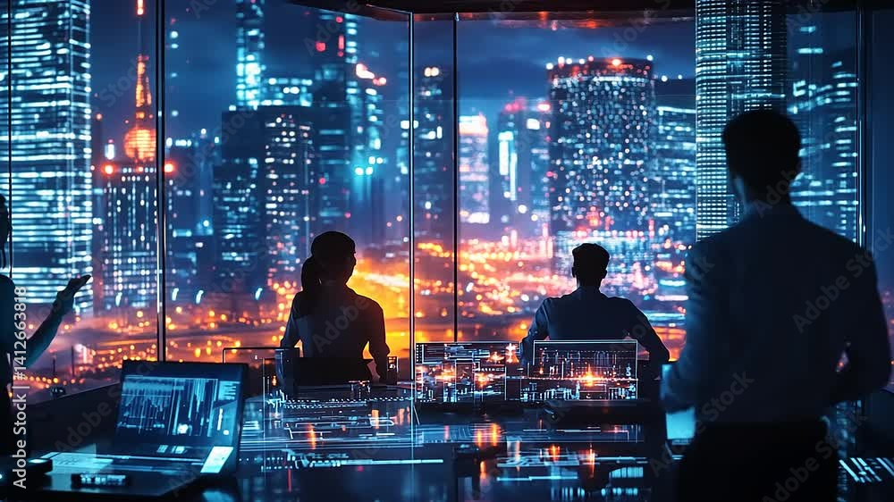 Business professionals collaborating in a high-rise office overlooking a vibrant city skyline at night Business professionals collaborating in a high-rise office overlooking a vibrant city skyline at night