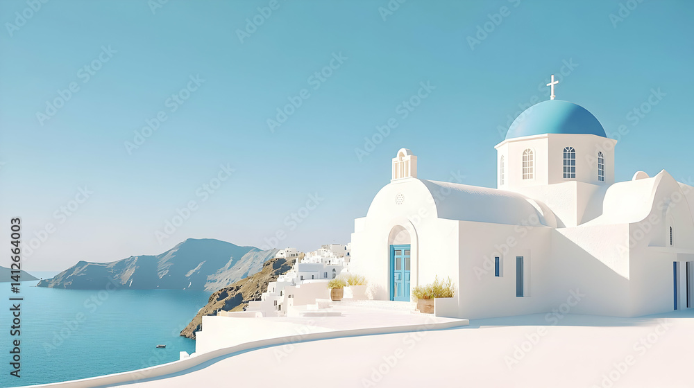 Obraz premium Pixelated White Church With Blue Dome On Greek Island