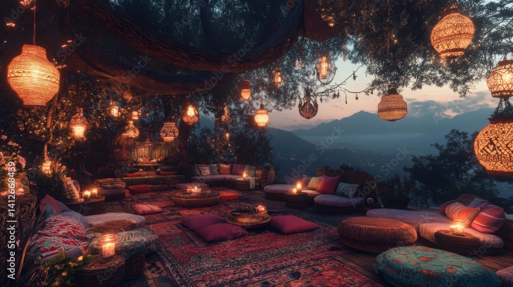 Enchanted Outdoor Bohemian Evening Setting with Warm Lights Enchanted Outdoor Bohemian Evening Setting with Warm Lights