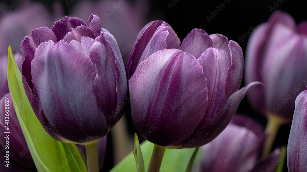 Obraz premium Purple tulips in the garden. With space for copying.