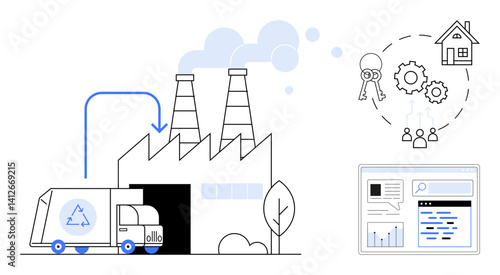 Factory with smoke stacks, recycling truck unloading, digital analytics, team collaboration, housing, keys, gears. Ideal for sustainability, technology logistics analytics recycling teamwork