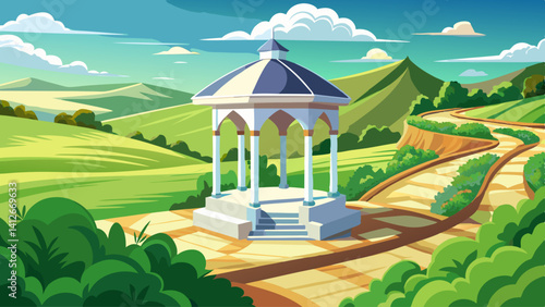 White-painted gazebo on a small hill, offering panoramic views of a green valley