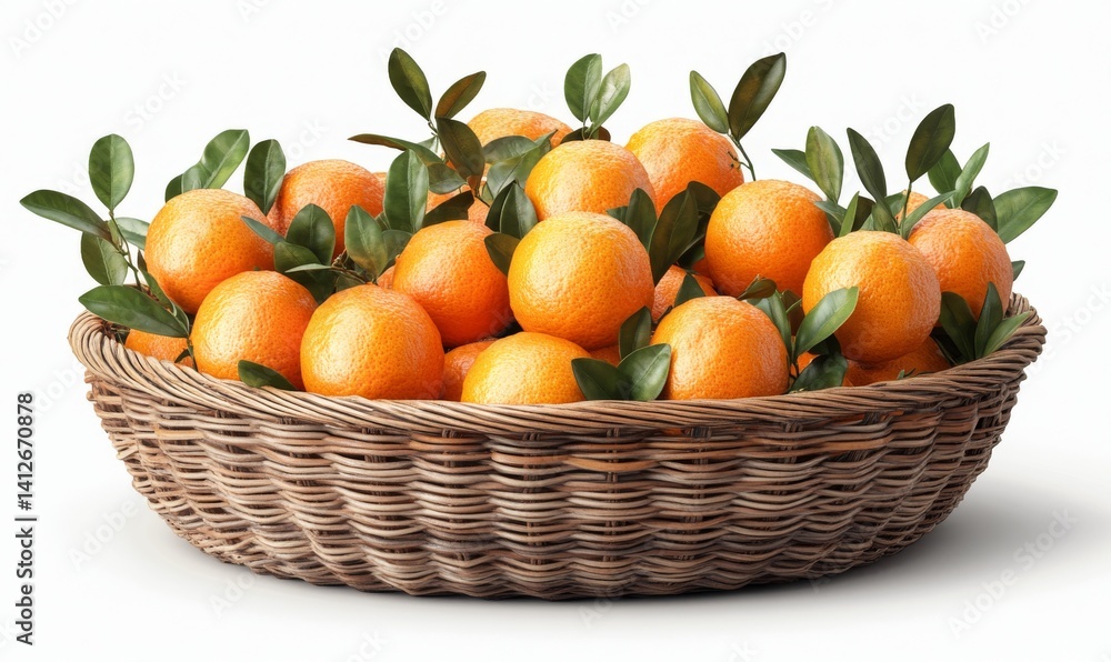 A container filled with numerous tangerines and green leaves set against a white backdrop, symbolizing fresh citrus and wholesome nutrition A container filled with numerous tangerines and green leaves set against a white backdrop, symbolizing fresh citrus and wholesome nutrition