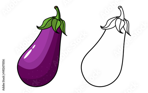 Vector Illustration of purple eggplant with lines and colors, for children's coloring book