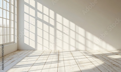 The idea centers on a clean and modern white room with a window pane s shadow projected onto the wall and floor  conveying a sense of minimalism  emptiness  and the harmonious balance of light and