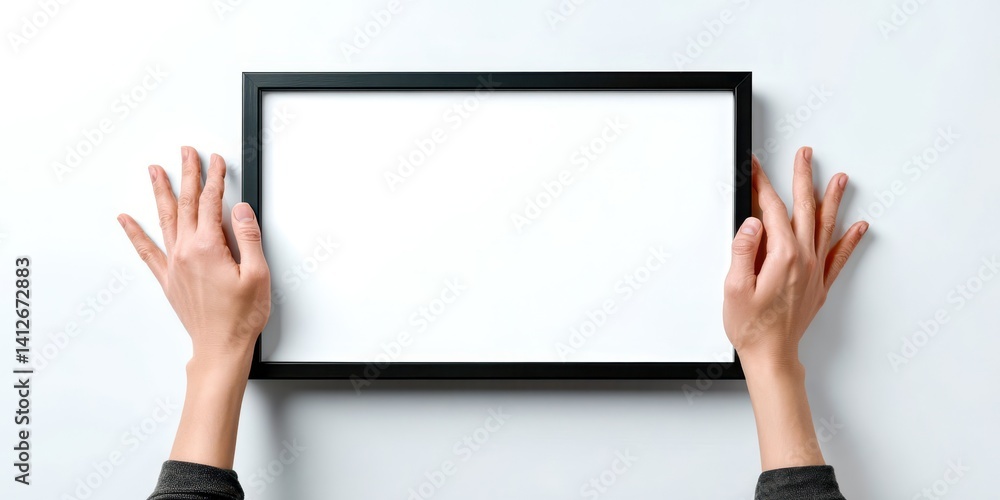 A person is holding a black frame with a white background A person is holding a black frame with a white background