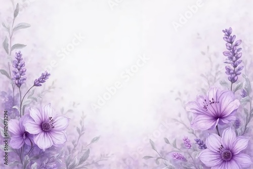 Dreamy lavender and violet flowers paired with silver leaves on a gentle pastel purple watercolor background