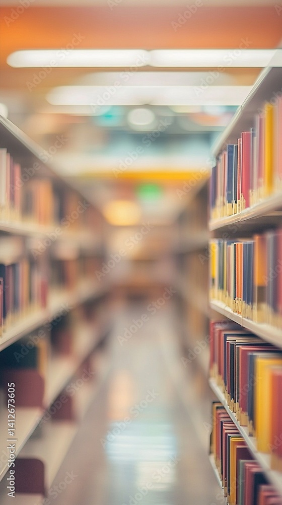 Blurred library aisle with rows of colorful books on shelves, soft warm lighting creating a dreamy and peaceful academic atmosphere of knowledge and learning Blurred library aisle with rows of colorful books on shelves, soft warm lighting creating a dreamy and peaceful academic atmosphere of knowledge and learning