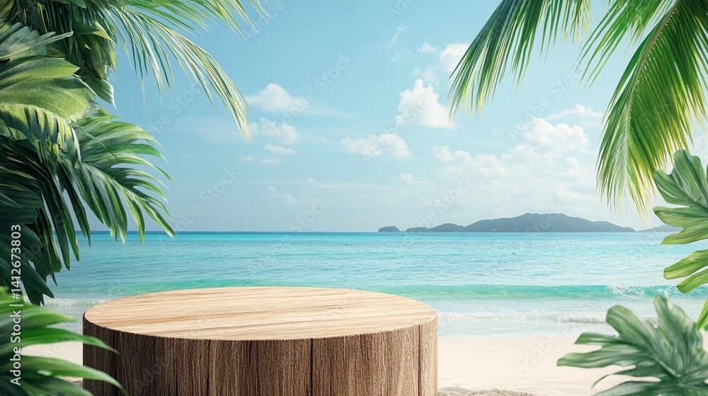 Serene tropical beach scene with wooden podium, turquoise waters, and lush palm leaves framing a tranquil ocean view with distant mountain silhouettes