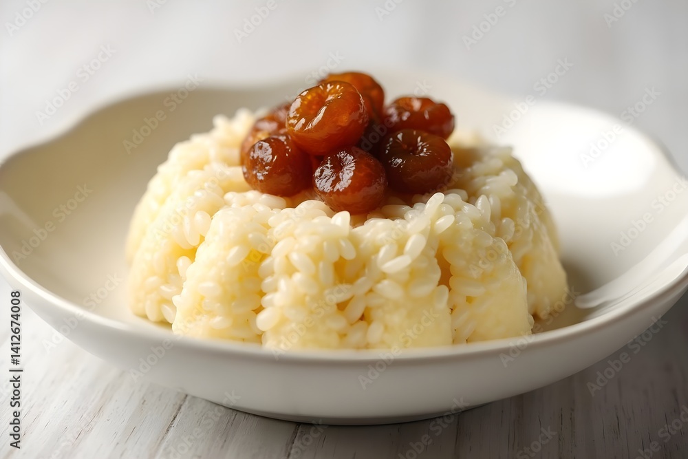 Rice Pudding Topped with Raisins Isolated on White Rice Pudding Topped with Raisins Isolated on White
