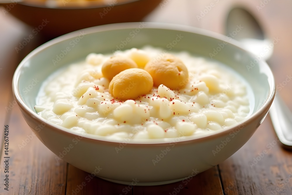 Traditional Rice Pudding with a Rich Texture on White Background Traditional Rice Pudding with a Rich Texture on White Background