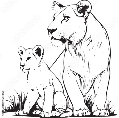 Lioness and cub Baby, Parent Animal, Black and White Vector Illustration, Sketch Drawing Line Linear Symbol Icon Engraving, Hand-drawn Isolated