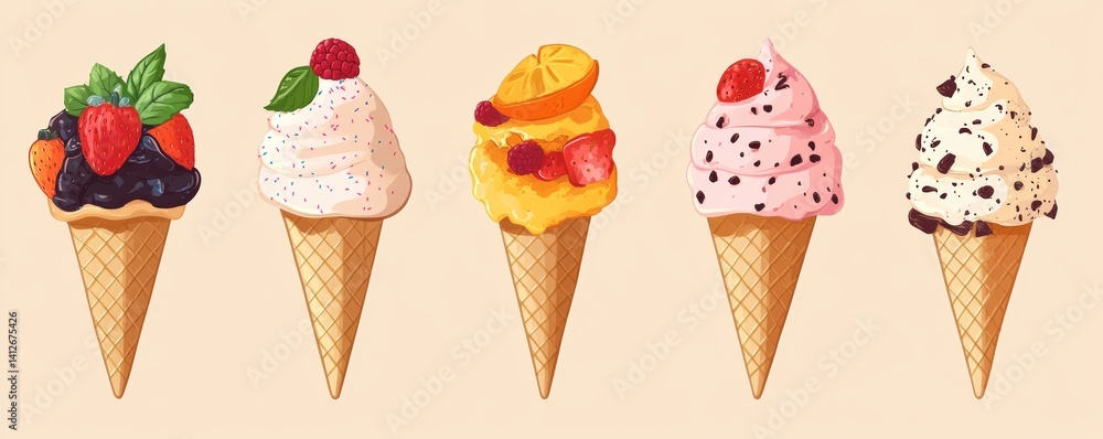 A blue background serves as the setting for colorful pixel art ice cream cones and popsicles A blue background serves as the setting for colorful pixel art ice cream cones and popsicles