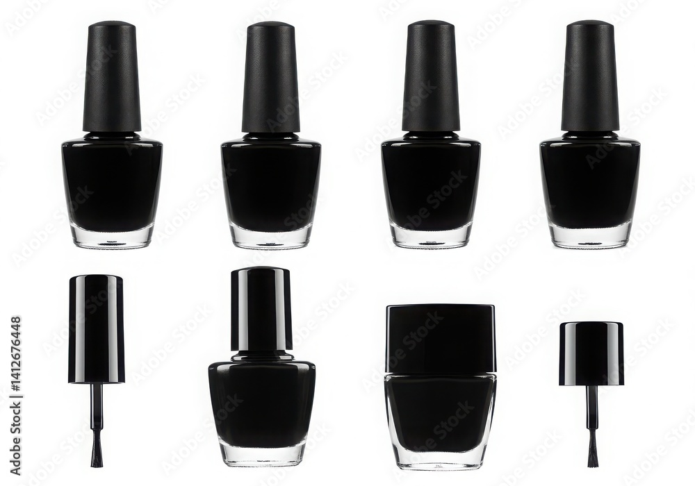 Obraz premium Arrangement of black nail polish bottles isoleted on white background
