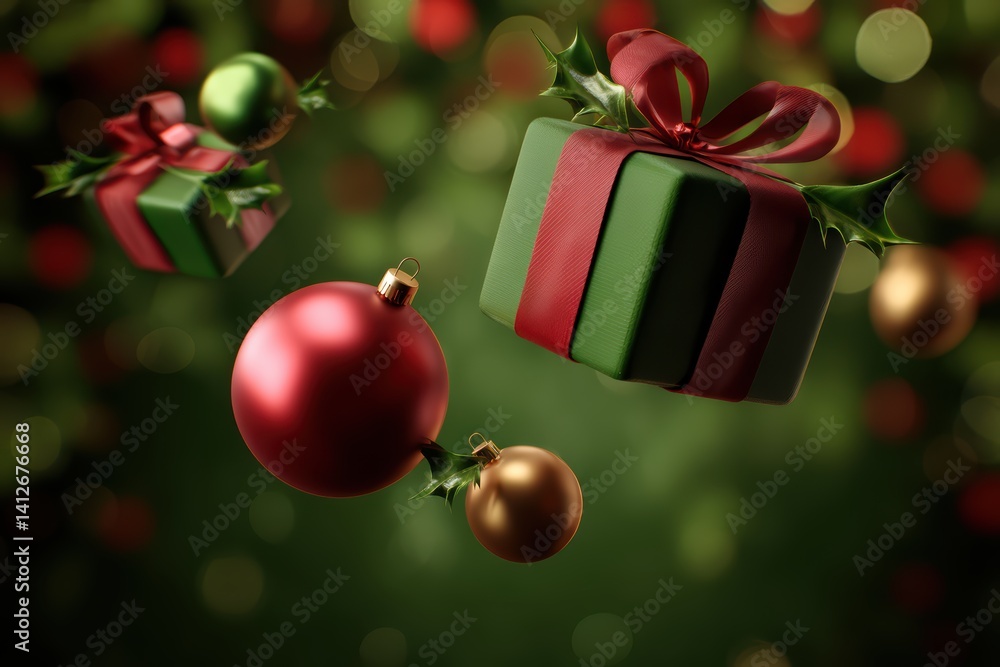 Festive Floating Christmas Ornaments with Snowflakes, Gift Boxes, and Holly Leaves in Red and Green. Festive Floating Christmas Ornaments with Snowflakes, Gift Boxes, and Holly Leaves in Red and Green.