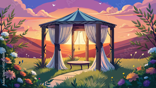 Gazebo draped with sheer curtains, set in a meadow of wildflowers at sunset