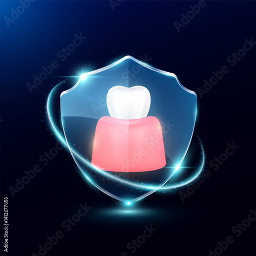 Gum teeth in translucent glass shield modern. Surrounded by glowing ring safety guardian. Human anatomy organ on blue background. Medical health care immunity and protection concept. Vector EPS10.
