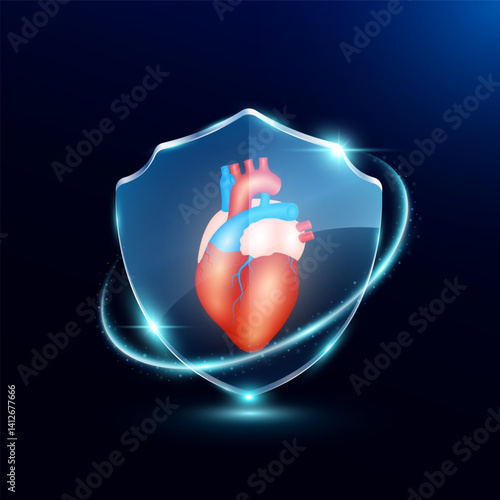 Heart in translucent glass shield modern. Surrounded by glowing ring safety guardian. Human anatomy organ on blue background. Medical health care immunity and protection concept. Vector EPS10.