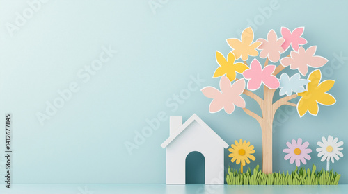 charming illustration of paper house and tree with colorful flowers on pastel blue background
