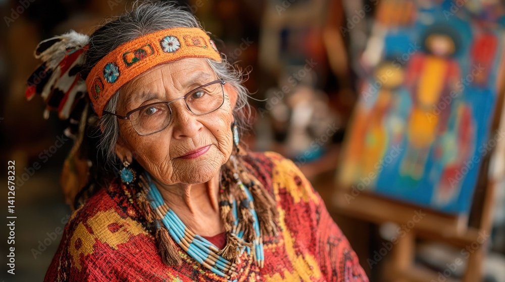 Obraz premium An intimate portrait of an elderly Native American woman dressed in traditional attire, exuding wisdom and cultural pride, surrounded by rich artistry.