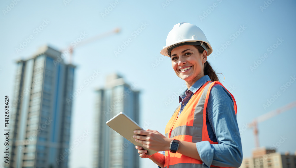 a female foreman in a white helmet with a tablet in her hands at a construction site a female foreman in a white helmet with a tablet in her hands at a construction site