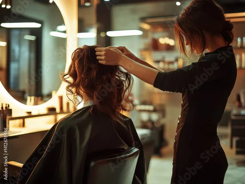 Fototapeta na wymiar Hair Salon Serenity: In a stylish salon, a hairdresser delicately styles a client's hair, creating a moment of beauty and relaxation.