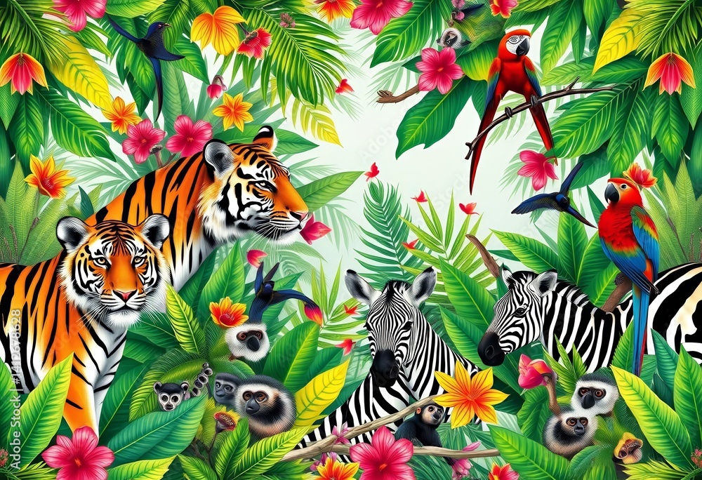 Obraz premium Vibrant tropical jungle seamless pattern featuring tigers, zebras, monkeys, lemurs, parrots, and lush foliage, wallpaper, white background