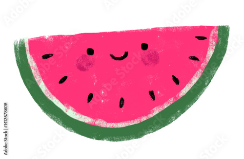 Cute Slice of watermelon kawaii smiling face hand drawn crayon doodle kids crayon illustration watercolour red green free palestine