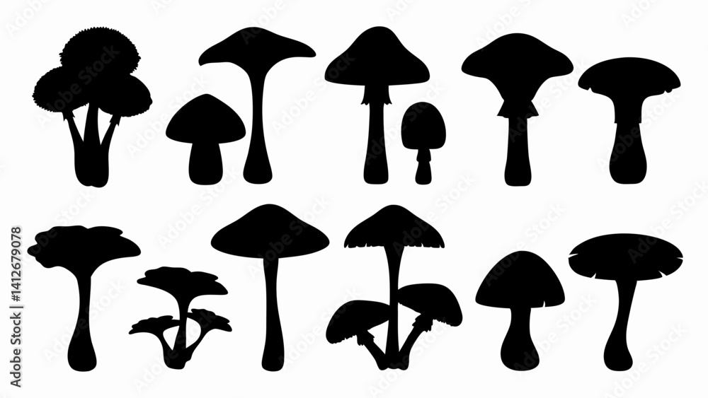 set of forest mushrooms silhouette vector on white background set of forest mushrooms silhouette vector on white background