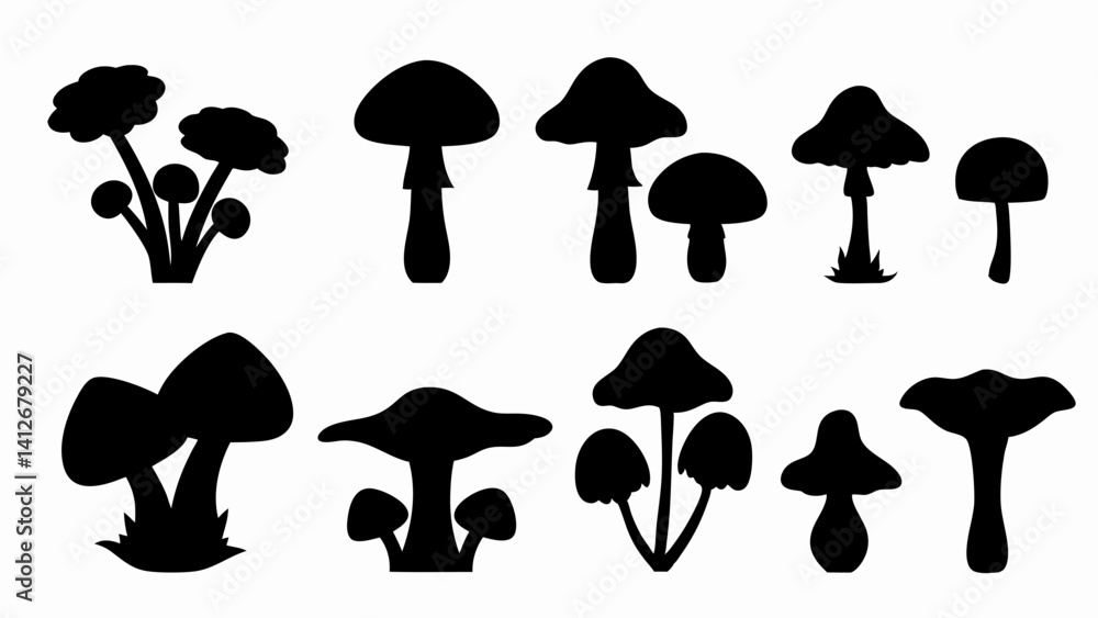 set of forest mushrooms silhouette vector on white background set of forest mushrooms silhouette vector on white background