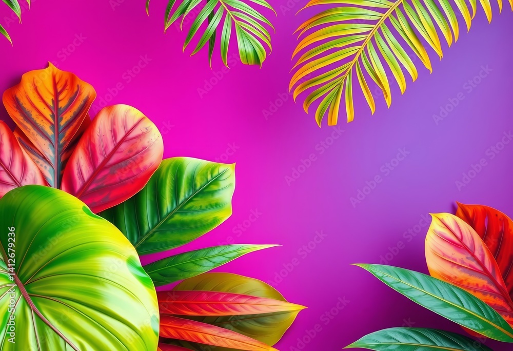 Naklejka premium Vibrant tropical leaves on colorful backgrounds announce summer sales, colorful backgrounds, discount