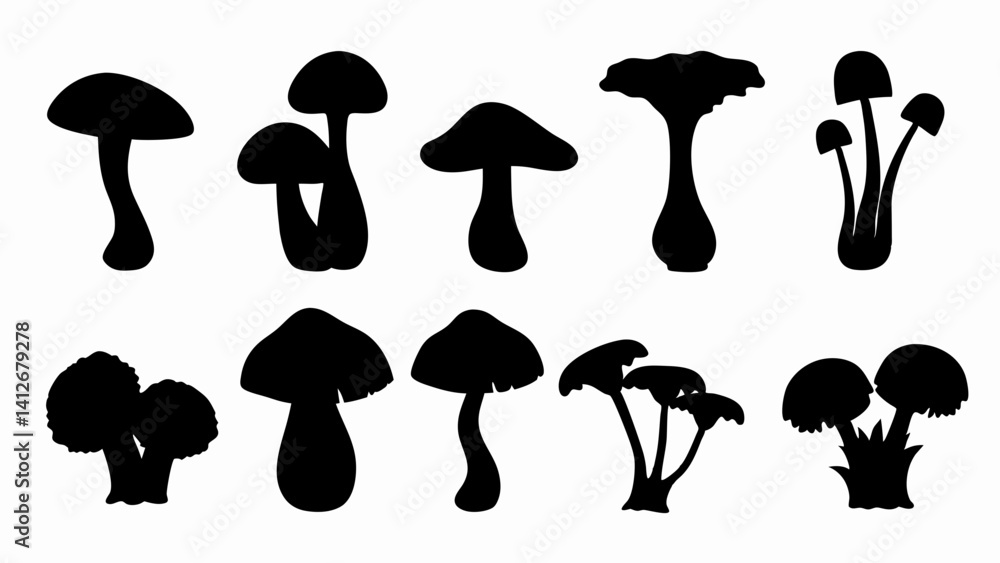 set of forest mushrooms silhouette vector on white background set of forest mushrooms silhouette vector on white background