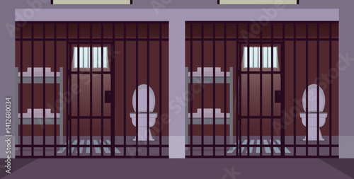 Empty cells scene. Detention center for prisoner. Prison concept. Vector stock