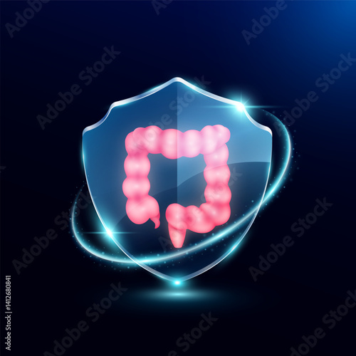 Intestine in translucent glass shield modern. Surrounded by glowing ring safety guardian. Human anatomy organ on blue background. Medical health care immunity and protection concept. Vector EPS10.