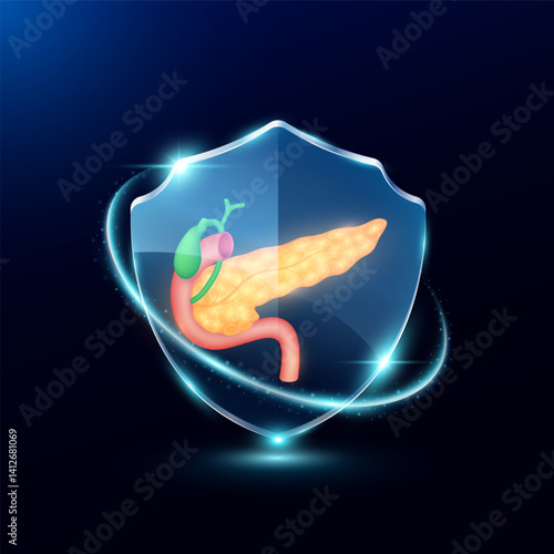 Pancreas in translucent glass shield modern. Surrounded by glowing ring safety guardian. Human anatomy organ on blue background. Medical health care immunity and protection concept. Vector EPS10.