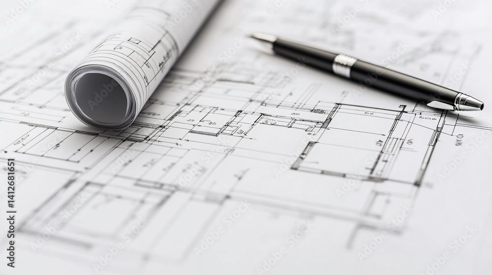 Architectural blueprint with a pen showcasing planning and design process Architectural blueprint with a pen showcasing planning and design process