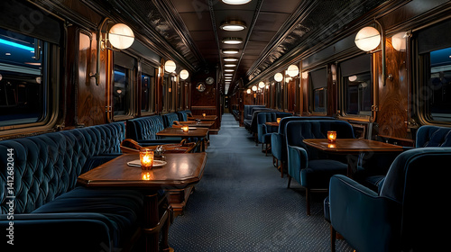 Luxurious Train Car Interior With Dark Blue Seating And Wooden Tables