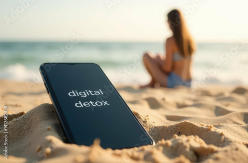 Tranquil beach escape with smartphone digital detox message against scenic oceanside backdrop