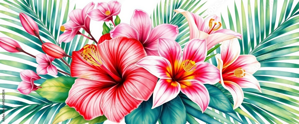 Fototapeta premium Vibrant watercolor bouquet of hibiscus, orchid, cala lilies & palm leaves, floral design, isolated