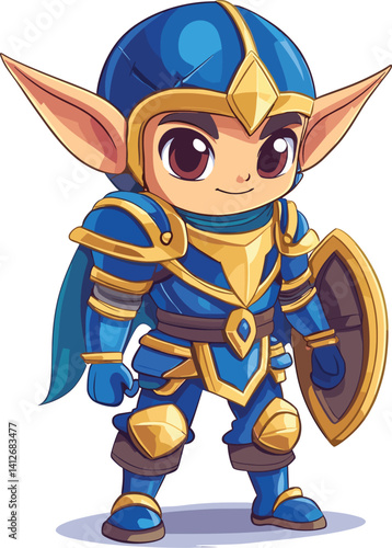 cartoon elf with blue and gold armor