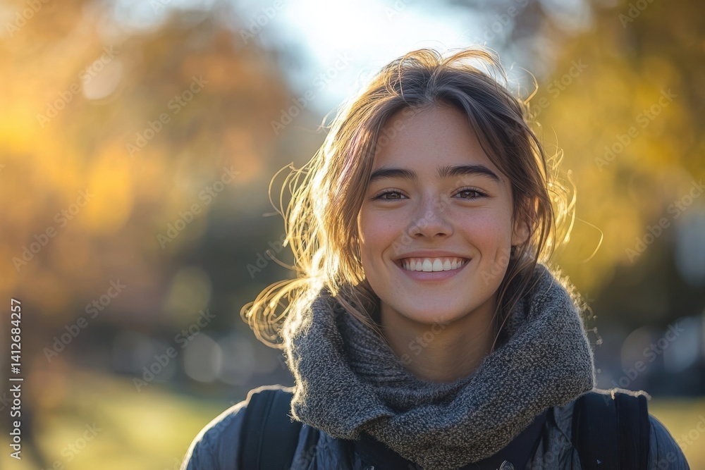 Happy Young Adult Smiling in Park During Golden Hour Happy Young Adult Smiling in Park During Golden Hour