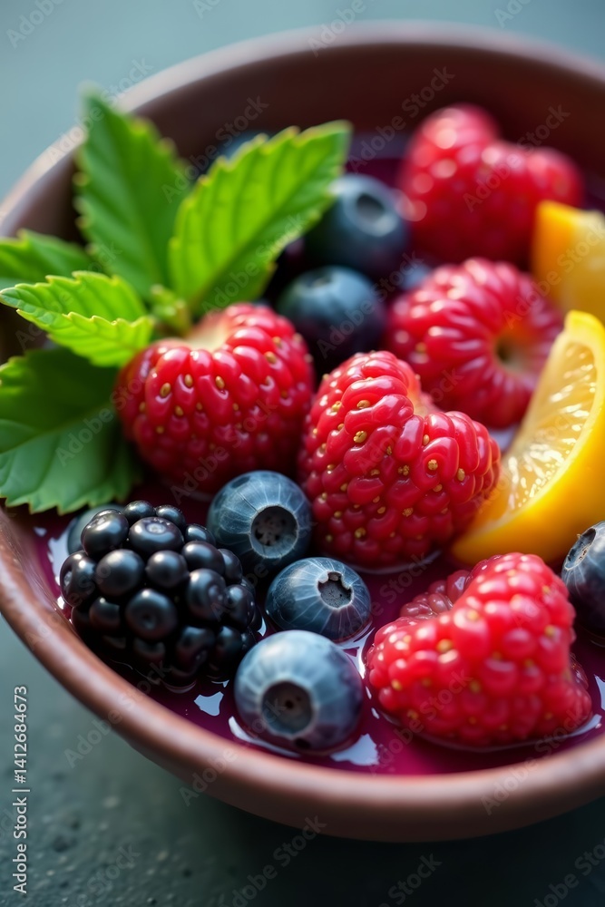 Close-up of a blend of colorful wild berries and superfood leaves in a bowl, colorful, antioxidant Close-up of a blend of colorful wild berries and superfood leaves in a bowl, colorful, antioxidant
